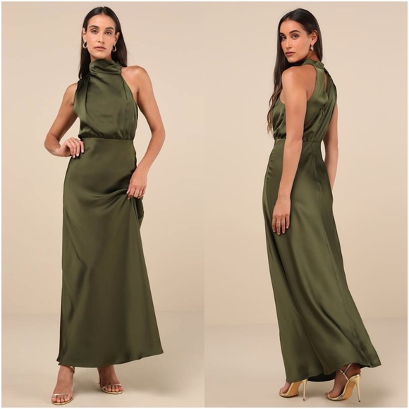 Lulus Dresses & Skirts - LULU’S Distinctive Charm Olive Green Satin Asymmetrical Maxi Dress